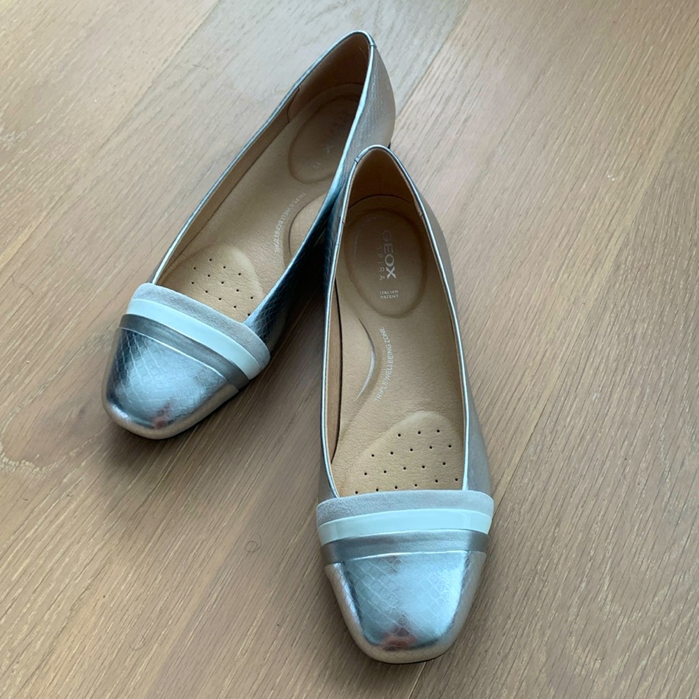 Geox Respira Silver Slip on Flat Shoes